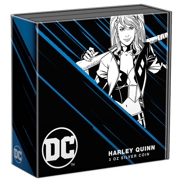 DC Villains – HARLEY QUINN™ 3oz Silver Coin Featuring Custom Book-style Display Box With Brand Imagery.