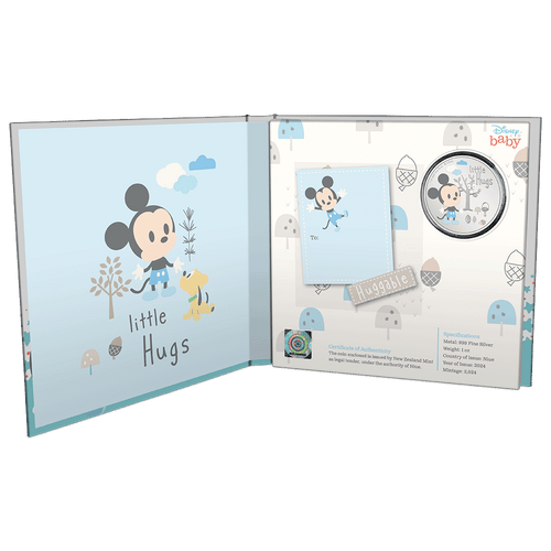 Disney Baby Little Hugs – Boy 1oz Silver Coin with Custom Book-style Outer Box and Certificate of Authenticity Sticker.