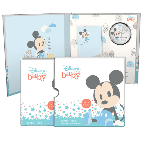 Disney Baby Little Hugs – Boy 1oz Silver Coin Featuring Custom Book-style Packaging with Disney Imagery and Velvet Insert to House the Coin with a Matching Sliding Outer Box.