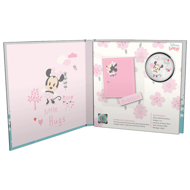 Disney Baby Little Hugs – Girl 1oz Silver Coin with Custom Book-style Outer Box and Certificate of Authenticity Sticker.