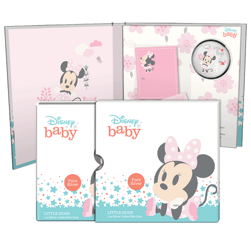 Disney Baby Little Hugs – Girl 1oz Silver Coin Featuring Custom Book-style Packaging with Disney Imagery and Velvet Insert to House the Coin with a Matching Sliding Outer Box. 