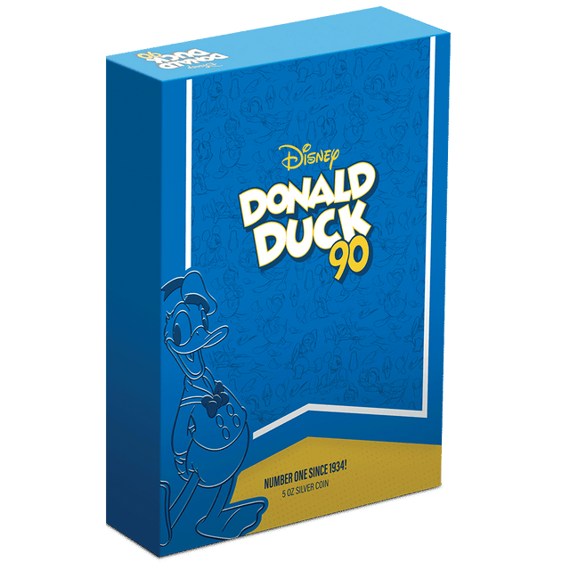 Disney Donald Duck 90th – #1 Since 1934! 5oz Silver Coin Featuring Custom-Designed Outer Box With Brand Imagery. 