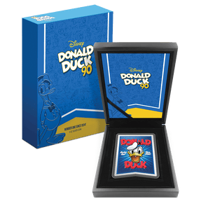 Disney Donald Duck 90th – #1 Since 1934! 5oz Silver Coin With Custom Wooden Display Box and Outer Box Featuring brand imagery.