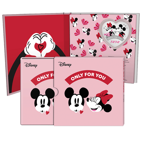 Disney Love 2024 – Only For You 1oz Silver Coin Featuring Custom Book-style Packaging with Disney Love Imagery, Matching Outer Box, and Velvet Insert to House the Coin.