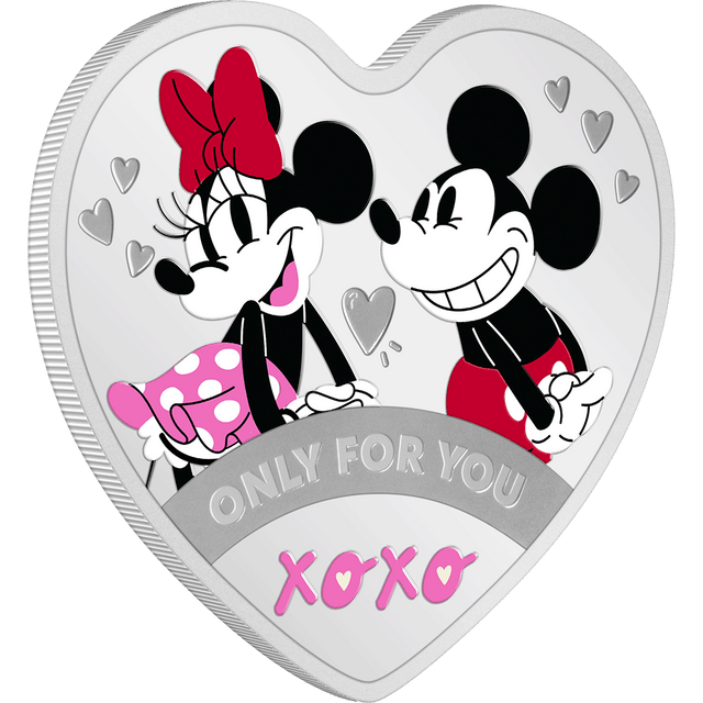 This rare and cherished keepsake embodies the beautiful spirit of love on 1oz of pure silver. Unique heart-shaped coin shows a coloured image of Disney’s Mickey Mouse and Minnie Mouse striking a romantic pose, along with the words ‘only for you’. - New Zealand Mint