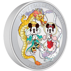 Made from 3oz of pure silver, this large 55mm diameter coin features colourful artwork of Disney’s Mickey Mouse and Minnie Mouse wearing traditional Lunar New Year clothing, surrounded by dragons. Worldwide mintage of 2,024. - New Zealand Mint