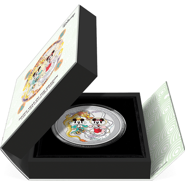 Disney Lunar Year of the Dragon 3oz Silver Coin Featuring Book-style Packaging with Coin Insert and Certificate of Authenticity Sticker and Coin Specs.