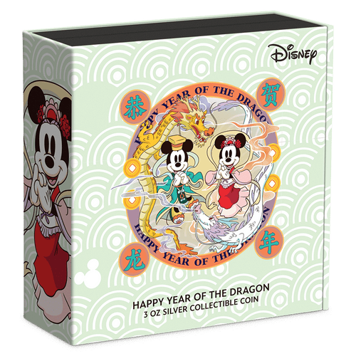 Disney Lunar Year of the Dragon 3oz Silver Coin Featuring Custom Book-style Display Box With Brand Imagery.