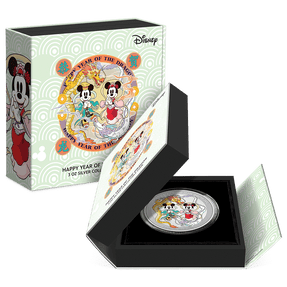 Disney Lunar Year of the Dragon 3oz Silver Coin Featuring Custom Book-Style Packaging with Printed Coin Specifications. 