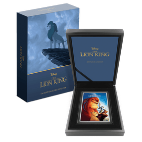 Disney The Lion King 5oz Silver Collectible Poster Coin With Custom Wooden Display Box and Outer Box Featuring Imagery from the Film and Certificate of Authenticity. 