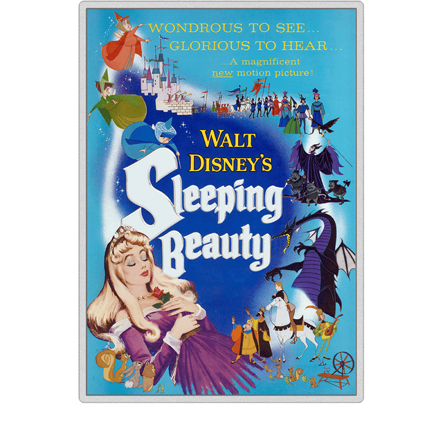 Disney Sleeping Beauty 5oz Silver Collectible Poster Coin - Flat View.