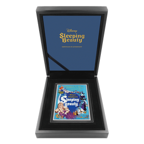 Disney Sleeping Beauty 5oz Silver Collectible Poster Coin With Custom Wooden Display Box and Viewing Insert.