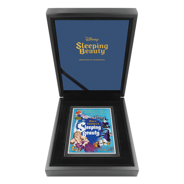 Disney Sleeping Beauty 5oz Silver Collectible Poster Coin With Custom Wooden Display Box and Viewing Insert.