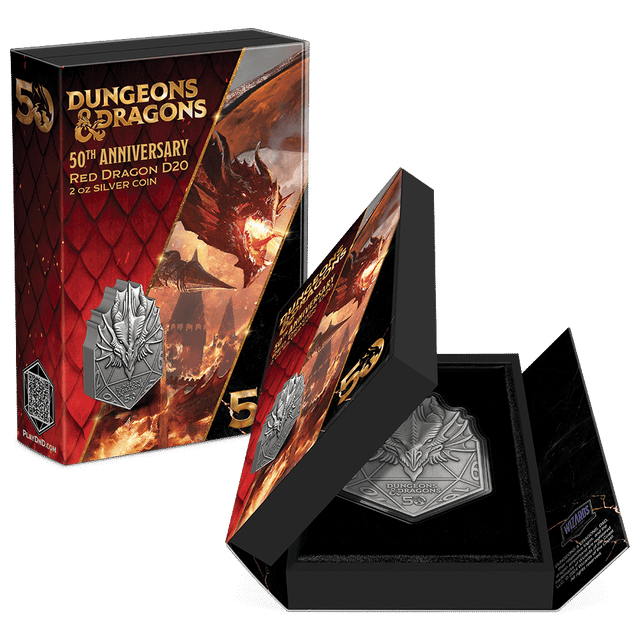 Dungeons & Dragons 50th Anniversary – Red Dragon D20 2oz Silver Coin Featuring Custom Book-Style Packaging with Printed Coin Specifications.  