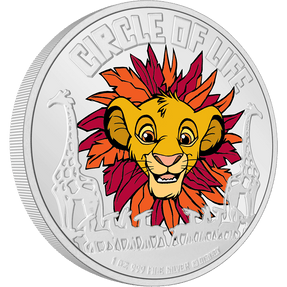 Round coin displays a coloured image of the playful young Simba wearing a leaf mane. Frosted African animal engravings and the words ‘Circle of Life’ stand out against a gleaming mirror-finish background.