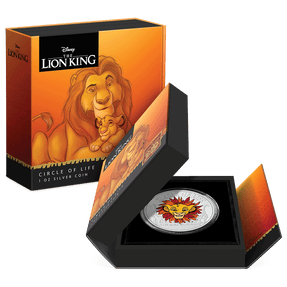 Disney The Lion King 30th Anniversary – Circle of Life 1oz Silver Coin Featuring Custom Book style Packaging With Imagery, and Certificate of Authenticity Sticker.  