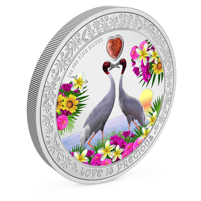 Love is Precious – Sarus Crane 1oz Silver Coin with Milled Edge Finish.