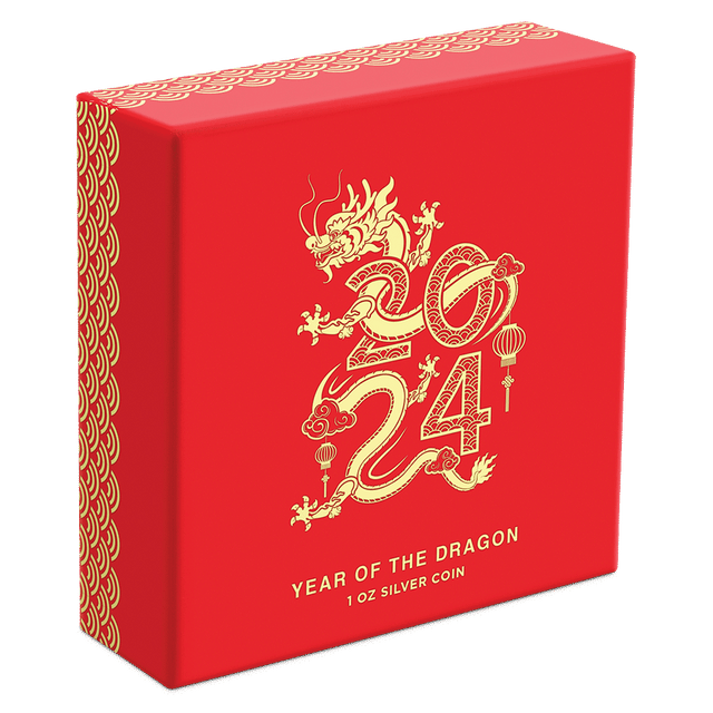 Lunar – Year of the Dragon 2024 1oz Silver Coin Featuring Custom-Designed Outer Box and Imagery. 
