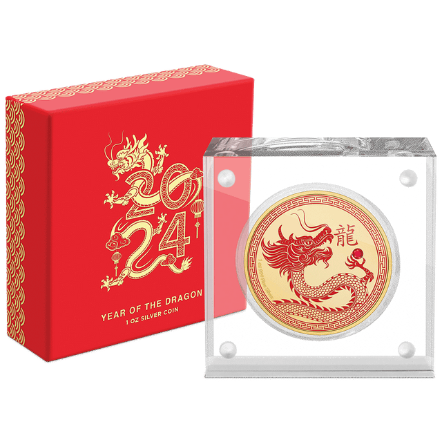 Lunar – Year of the Dragon 2024 1oz Silver Coin in Magnetic Perspex Box.