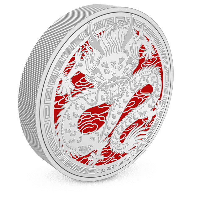 Lunar – Year of the Dragon 2024 3oz Silver Coin with Milled Edge Finish.