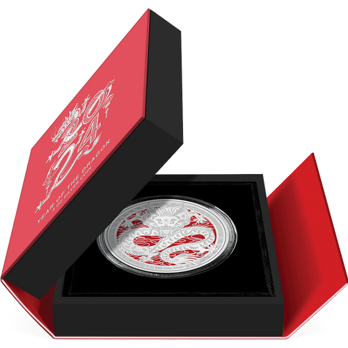 Lunar – Year of the Dragon 2024 3oz Silver Coin Featuring Book-style Packaging with Coin Insert and Certificate of Authenticity Sticker and Coin Specs.