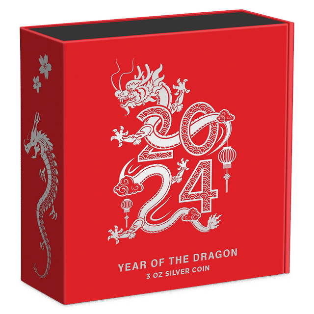 Lunar – Year of the Dragon 2024 3oz Silver Coin Featuring Custom Book-style Display Box With Lunar Imagery.