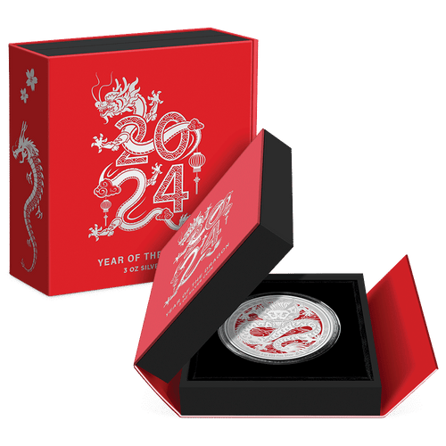 Lunar – Year of the Dragon 2024 3oz Silver Coin Featuring Custom Book-Style Packaging with Printed Coin Specifications. 