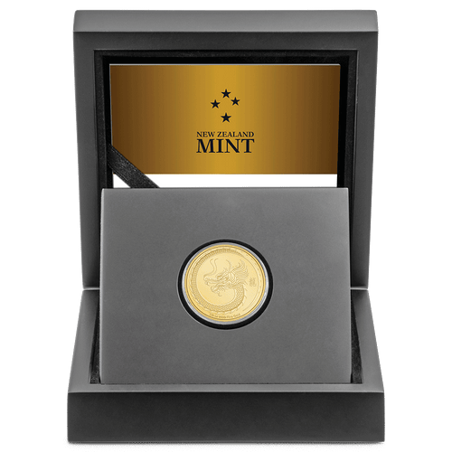 Lunar – Year of the Dragon 2024 1/4oz Gold Coin with Custom Designed Wooden Box with Display Ledge.