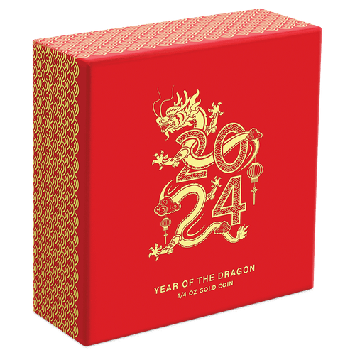 Lunar – Year of the Dragon 2024 1/4oz Gold Coin Featuring Custom-Designed Outer Box and Imagery. 