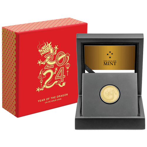 Lunar – Year of the Dragon 2024 1/4oz Gold Coin with Custom-Designed Wooden Box with Certificate of Authenticity Holder and Viewing Insert. 