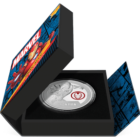 Marvel Iron Man 1oz Silver Coin Featuring Book-style Packaging with Coin Insert and Certificate of Authenticity Sticker and Coin Specs.