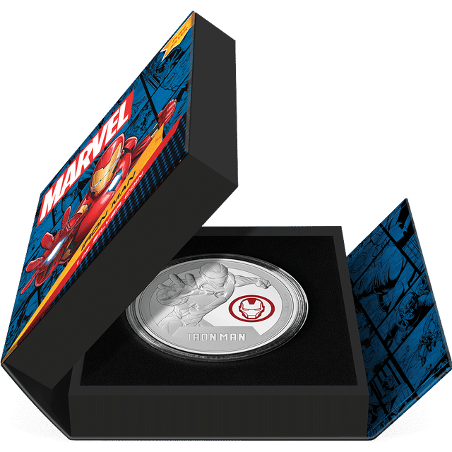 Marvel Iron Man 1oz Silver Coin Featuring Book-style Packaging with Coin Insert and Certificate of Authenticity Sticker and Coin Specs.
