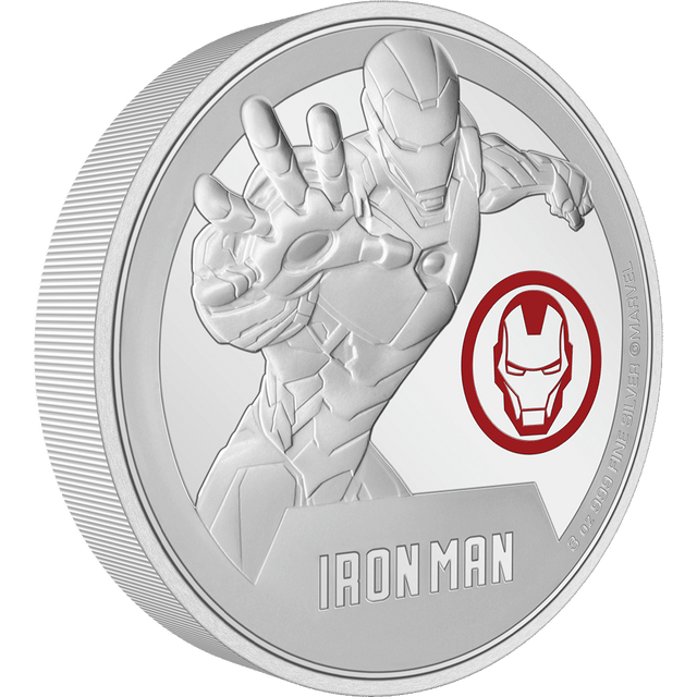 Amour up your collection with this 3oz pure silver coin! Features Iron Man as he prepares to unleash his hand beam. On the side is his emblem in full colour, along with a mirror finish engraving of his name, ‘Iron Man’. - New Zealand Mint