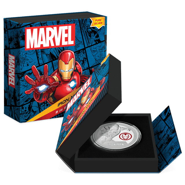 Marvel Iron Man 3oz Silver Coin Featuring Custom Book-Style Packaging with Printed Coin Specifications. 
