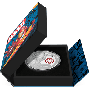 Marvel Iron Man 3oz Silver Coin Featuring Book-style Packaging with Coin Insert and Certificate of Authenticity Sticker and Coin Specs.