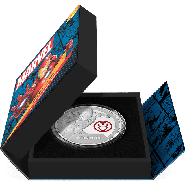 Marvel Iron Man 3oz Silver Coin Featuring Book-style Packaging with Coin Insert and Certificate of Authenticity Sticker and Coin Specs.