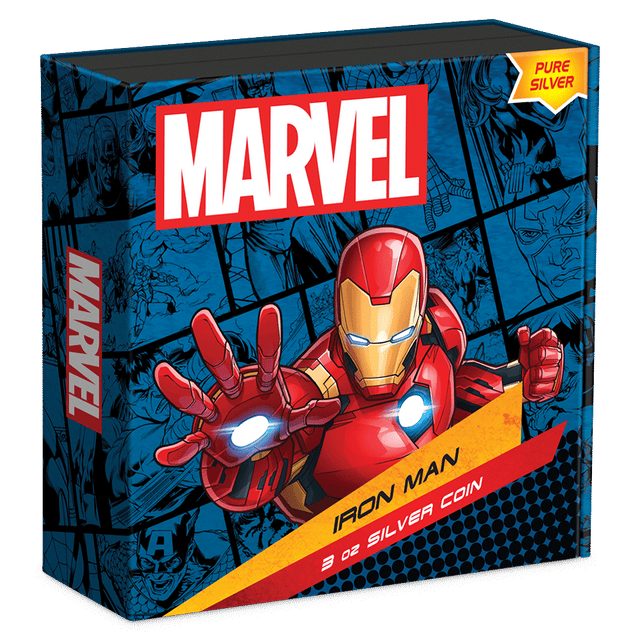 Marvel Iron Man 3oz Silver Coin Featuring Custom Book-style Display Box With Brand Imagery.