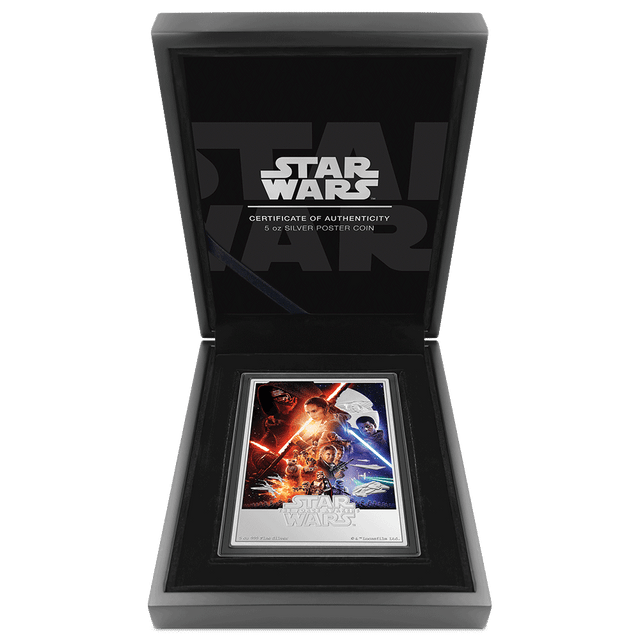 Star Wars™ The Force Awakens™ 5oz Silver Poster Coin with Custom Designed Wooden Box with Velvet Lining and Certificate of Authenticity.