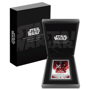 Star Wars™ The Last Jedi™ 5oz Silver Poster Coin With Custom Wooden Display Box and Outer Box Featuring brand imagery. 
