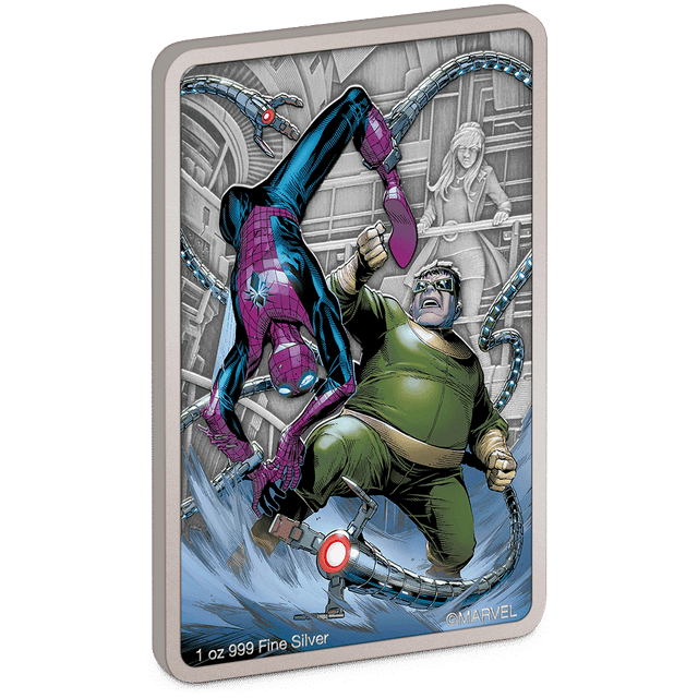 The rectangular coin displays a glossy coloured image of Marvel's Doctor Octopus poised for action with his mechanical tentacles outstretched, holding Spider-Man. The background, featuring Mary Jane, has been left engraved and antiqued.