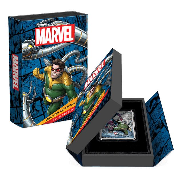 Marvel – Doctor Octopus 1oz Silver Coin Featuring Custom-designed Book-style Packaging with Coin Insert and Certificate of Authenticity. 