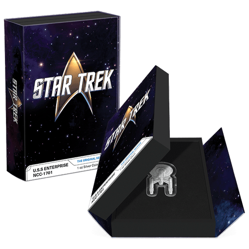 Star Trek – U.S.S Enterprise NCC-1701 1oz Silver Coin Featuring Custom Book-Style Packaging with Printed Coin Specifications. 
