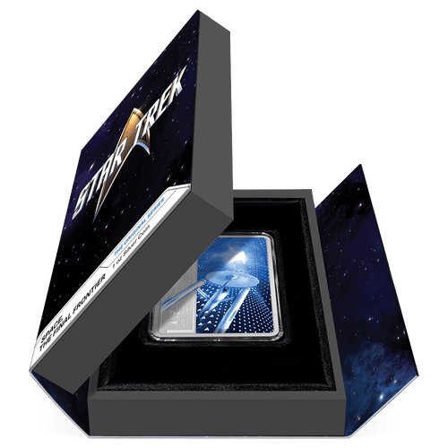 Star Trek – Space, the Final Frontier 1oz Silver Coin Featuring Book-style Packaging with Coin Insert and Certificate of Authenticity Sticker and Coin Specs.