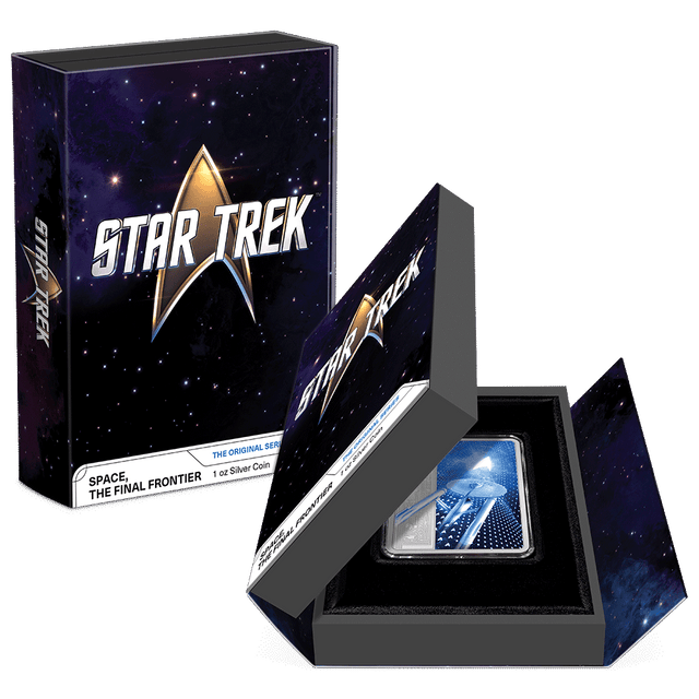 Star Trek – Space, the Final Frontier 1oz Silver Coin Featuring Custom Book-Style Packaging with Printed Coin Specifications. 