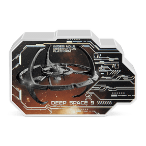 Design showcases the Deep Space 9 space station with a stunning mix of colour and frosting. Uniquely shaped with futuristic elements that extend to the back of the coin. Only 2,000 coins available worldwide.