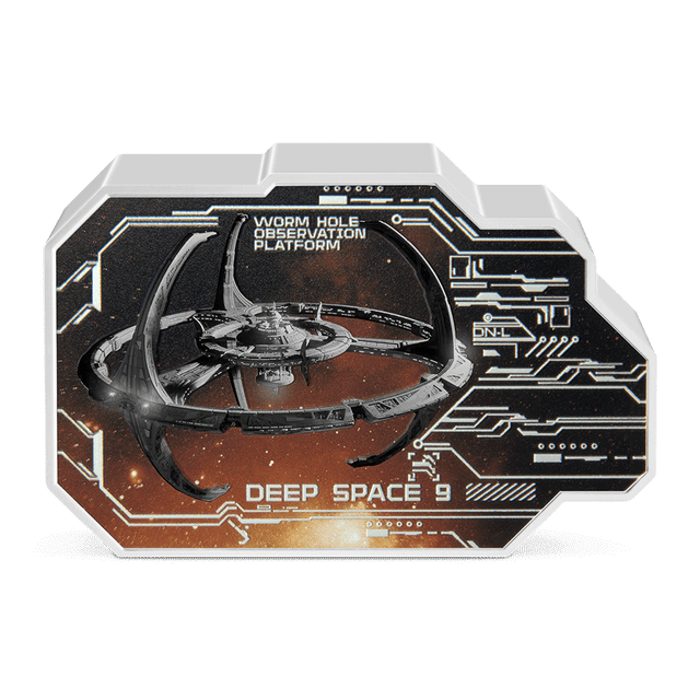 Design showcases the Deep Space 9 space station with a stunning mix of colour and frosting. Uniquely shaped with futuristic elements that extend to the back of the coin. Only 2,000 coins available worldwide.