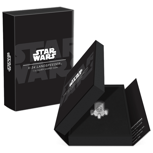 Star Wars™ X-34 Landspeeder™ 1oz Silver Coin Featuring Custom-designed Book-style Packaging with Coin Insert and Certificate of Authenticity.