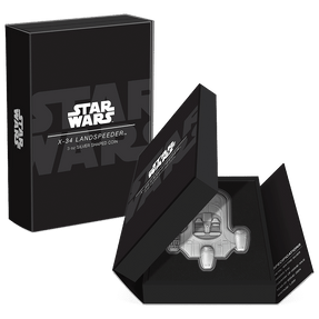 Star Wars™ X-34 Landspeeder™ 3oz Silver Coin Featuring Custom-designed Book-style Packaging with Coin Insert and Certificate of Authenticity.