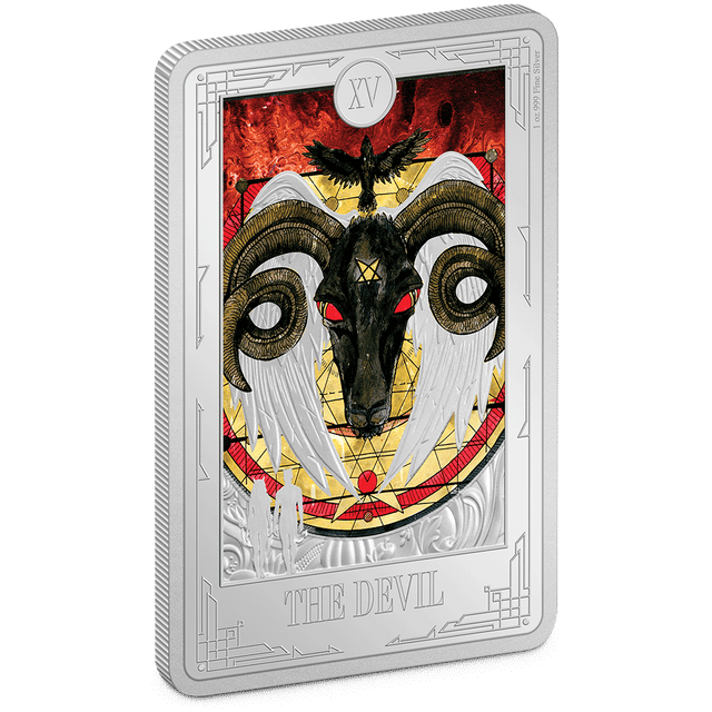 Step into the mystical realm of Tarot with the Devil 1oz pure silver coin. Depicts The Devil Tarot Card in colour and frosted engraving. The name of the card is featured below, and a gorgeous mirror-finish frame completes the design. 2,000 available! - New Zealand Mint
