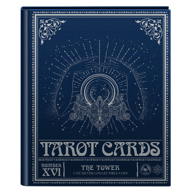 Tarot Cards – The Tower 1oz Silver Coin Featuring Custom Book-style Outer With Tarot-themed Imagery.